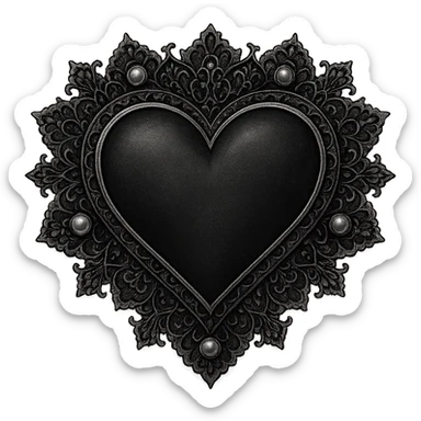 gothic style heart with a lace border and pearls, black and silver colors, transparent background sticker