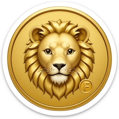Fais un emoji de pièce d'or ronde avec l'inscription "F" dessus et un lion très détaillé gravé sur la pièce. Le F et le lion doivent être très lisible ainsi que les détails autour de la pièce. Monnaie Fcoins sticker