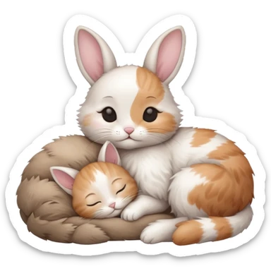 A little kitten sleeping next to a sweet rabbit  sticker