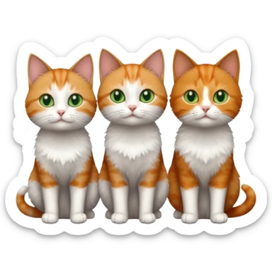 full body of 3 tiny short hair cats including a dark grey and white cat with green eyes, a ginger and white with orange eyes and a brown tabby and white with hazel eyes sticker