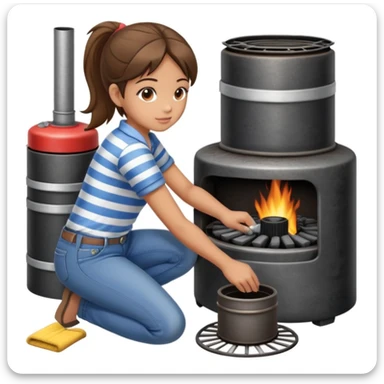 Metal cylindrical coal stove with a girl cleaning it while kneeling, seen from behind, wearing jeans and a striped shirt sticker