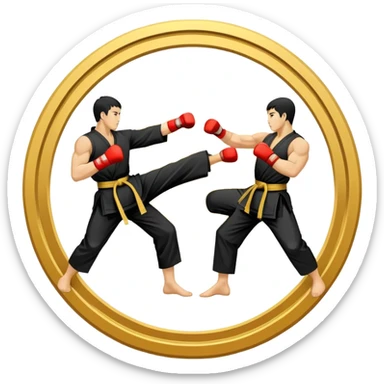 Round emblem symbolizing striking martial arts. The emblem features two fighters in dynamic stances, one delivering a powerful punch while the other defends with a block. In the center, a stylized fist and foot crossed to represent the essence of striking.  sticker