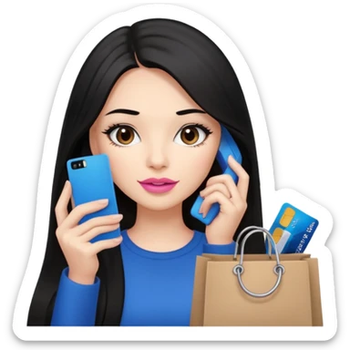 Girl with long black hair, pink lipstick, brown eyes on the phone holding shopping bags and blue credit card sticker