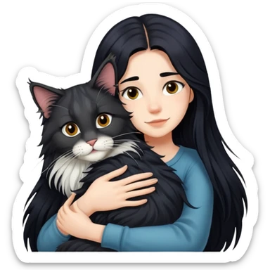 A girl with long black  hair tightly hugged a Maine coon sticker