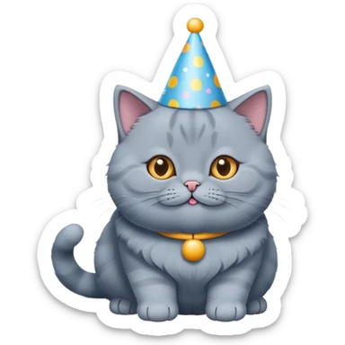 British shorthair blue cat happily wears a birthday hat sticker
