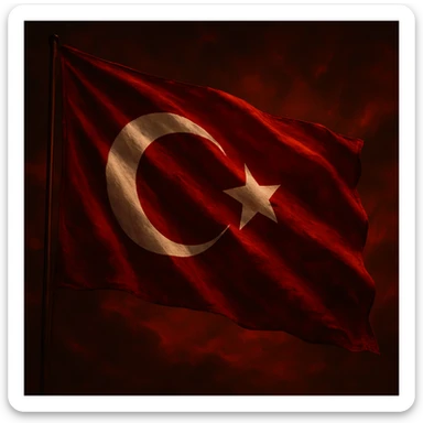 An artistic Turkish flag waving, dramatic red background, white crescent and star, high detail, realistic lighting, cinematic and proud atmosphere. sticker