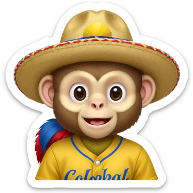 Un mono capuchino que predomine el color café, cara clara y expresiva, que lleve uniforme de softbol de Colombia, con un sombrero vueltiao' un poco inclinado, alegre, atlético y una gorra que diga "Yaifer" sticker
