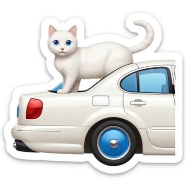 Please create a small emoji the size of 🚗 featuring a pure white cat with stubby tail with blue eyes on a white saloon car viewed from side. Again it is necessary that the emoji must be extremely small, much smaller than a standard sized sticker. sticker
