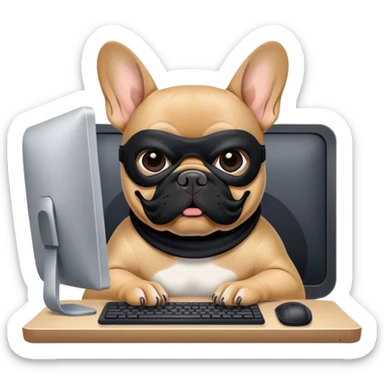 Tan french bulldog working behind computer sticker