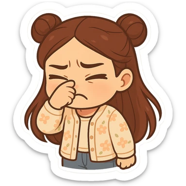 Create a chibi sticker of the girl from the reference image. She has brown straight hair in double buns, brown eyes, wearing a pastel floral cardigan and jeans. She is pinching her nose and frowning, as if something smells really bad. The sticker should have a white outline and a transparent background, 512x512px. sticker