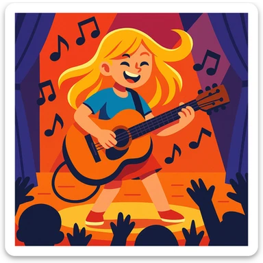 blonde girl playing guitar on a stage, music notes in the air, energetic concert vibe sticker
