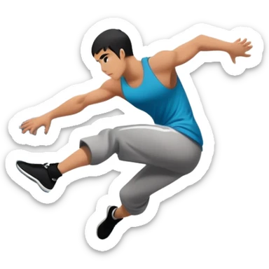 A person performing a parkour move, leaping between buildings or scaling a wall with agility and precision. The scene captures dynamic motion, showcasing strength, flexibility, and the thrill of urban acrobatics against an urban cityscape backdrop. sticker