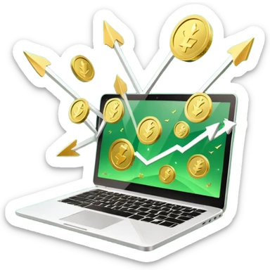 3D laptop icon with gold coins flying out of screen, green color (#0B3D2C), gold accents (#C9B037), upward arrows, glossy modern style, transparent background sticker