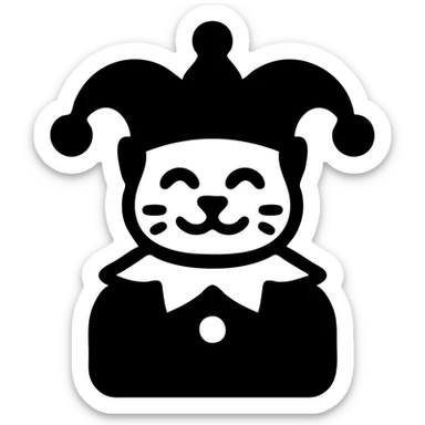 crazy cute little cat jolly joker from poker, medieval, vintage, court jester, mac os icon, purple, gold and red color, head + torso. Squared shape as 3D mac os system icon, symmetrical sticker