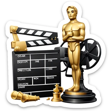 Professional icon for Directing: a collage featuring an Oscar statuette, a film script, a director's chair and a film slate. The icon should represent the excellence and artistry of directing, with a focus on cinematic achievement. Transparent background. sticker