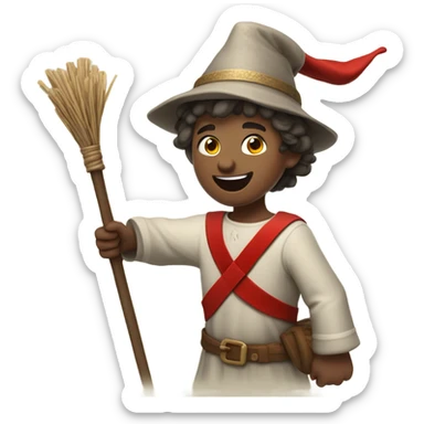 happy 13th century European pilgrim boy with staff, red stockings, short tunic and hat raising his hand in victory sticker