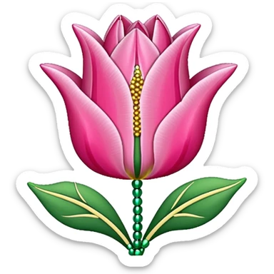 french beaded pink tulip flower with 2 leaves, handmade with glass beads, no background sticker