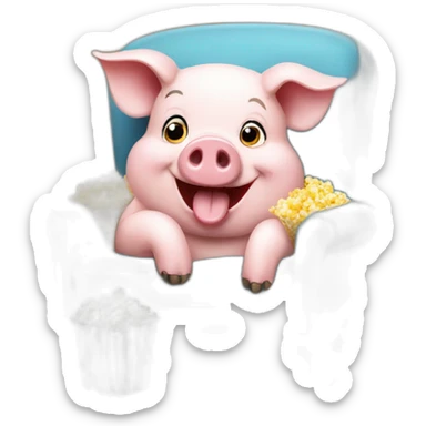 Happy pig sitting on a chair eating popcorn sticker
