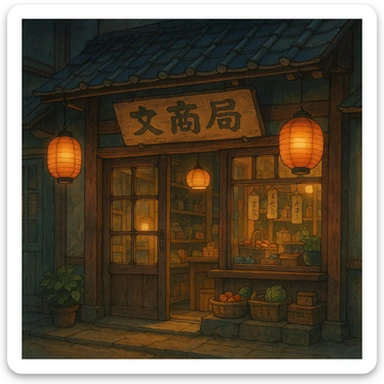 Cozy anime storefront with traditional Asian elements, warm lighting, hanging lanterns, shop sign in Japanese style, Studio Ghibli style sticker