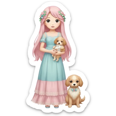 Pastel anime lady long hair with long lace dress full body holding puppy sticker