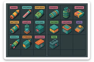 a virtual display, a gray grid with darker gray cells, each cell containing an item viewed in isometric minimalism render The cells have pastel neon colored labels in their upper corner, indicating various traits of the items. retrofuturism, circa 2880's.
The items are scientific and military in nature - varieties of munitions, scientific samples, rations, data storage, utilities. There are two arrays of grids, one left, one right. Each array has a few empty spaces at the bottom. "graphic realism." brutalism. the items are adorned in a combination of  bright colors, neon-safety, early 90's pallet, with muted gray tones in EVEN BALANCE. sticker