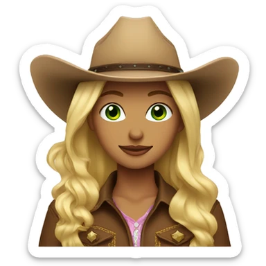 Blonde cowgirl with green eyes and a brown cowboy hat sticker