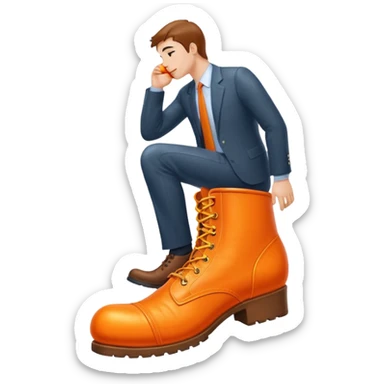 Office worker kissing a boot that is giant and orange sticker