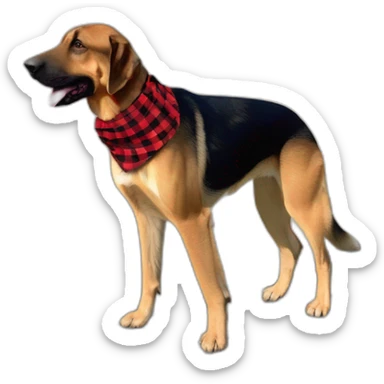 adult 75% Coonhound 25% German Shepherd mix dog with visible tail wearing small pointed red buffalo plaid bandana full body walking left quickly sticker