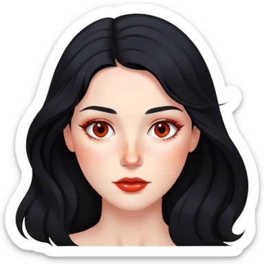 woman with flowing black hair, natural makeup, and prominent red freckles on face sticker