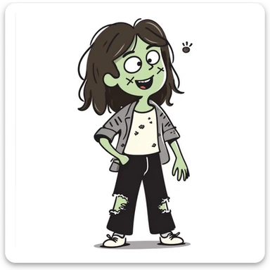 Girl zombie with messy long brown hair, stitches on face, pale green skin, and torn clothes sticker