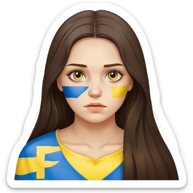 Brunette woman with long hair, Ukrainian flag (blue and yellow) painted on her cheek, sad expression sticker