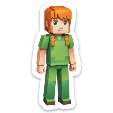 Minecraft Alex character full body with orange hair and green outfit, pixelated blocky style sticker