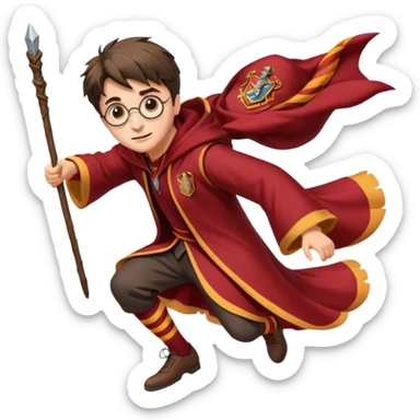 Cartoon-style illustration of Harry Potter flying on a broomstick, Gryffindor red and gold outfit, expressive face, dynamic motion, magical vibe, smooth shading, vibrant colors, no background, transparent background, isolated character. sticker