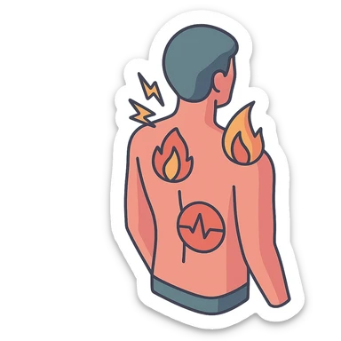 Silhouette of a back with pain zones indicated by lightning bolts in the neck area, pulse in the lower back, and fire in the shoulder blades. Style: 2D Isometric with clear shadows and highlights, transparent background. sticker
