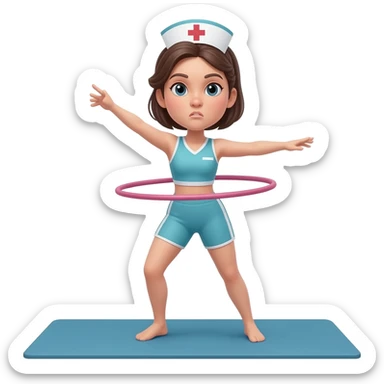 A female nurse athlete performed aerobics exercises for with a hula hoop on an exercise mat. She poop sticker