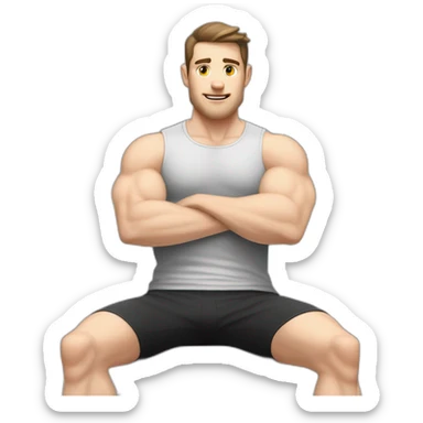 Pale skinned Fit Man With the biceps and dark brown hair in black shirt, gray sports shorts and white Sneakers Sitting on a chair sticker