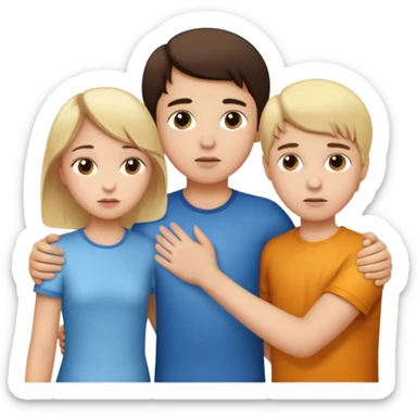  iOS emoji style.
A girl holding hands with two boys at the same time,one boy si brunette the other blonde, one on each side. the brunette one is kised by the girl but the blonde one si holding hand with her
The girl has a suspicious, guilty expression
 smooth gradients, rounded shape sticker