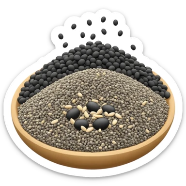 realistic chia seeds small scatter tiny oval black grey white smooth glossy light organic soft cluster no bowl spoon packaging or faces clean 3D soft lighting transparent background emoji scale sticker