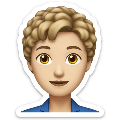 white woman brown short hair and blue blazer sticker