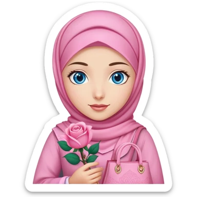 Turkish beautiful finish Konya girl blue eyes with pink hijab islamic dress and had on her hand pink rose bag sticker