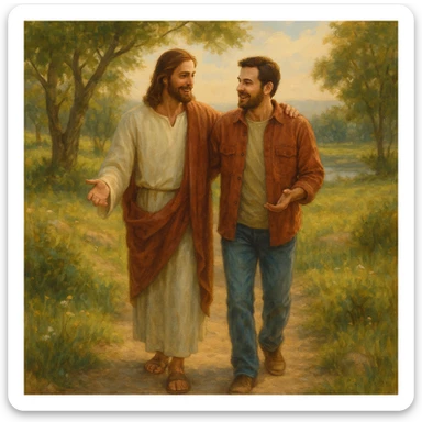 Jesus and a person walking together, friendly and warm atmosphere, peaceful outdoor scene sticker