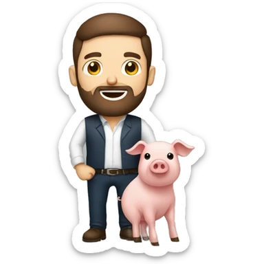 Brunette man with beard holding a pig and has a lot of bacon around  sticker