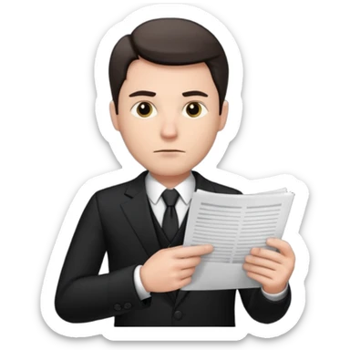 A white man in a black suit stands with a serious face and points at his hand holding papers. sticker