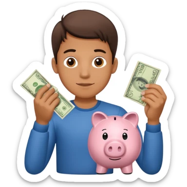 A young guy puts money in a piggy bank. sticker