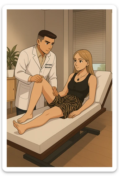 fai un webtoon/manga a colori con questo kinesiologo in camice bianco (fagli la scritta "ANTONIO ANANIA" SUL CAMICE) CHE SVOLGE UN TEST NEUROMUSCOLARE SOLLEVANDO UNA GAMBA ALLA RAGAZZA CHE è STESA SU UN LETTINO BIANCO. STANZA SEMPLICE E MODERNA, DURANTE IL TEST I DUE DIALOGANO TRA LORO. NON FARE I FUMETTI, FAI SOLO LORO COME SE DIALOGASSERO sticker