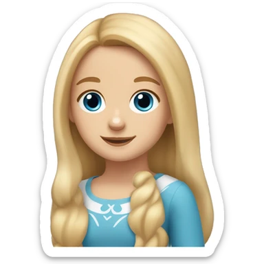 a girl with long blonde hair, she has blue eyes and a narrow nose and in her hands is a corgi sticker
