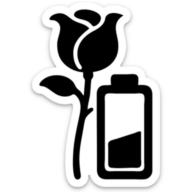 Battery shaped like a rose flower with wilting petals and low power indicator sticker