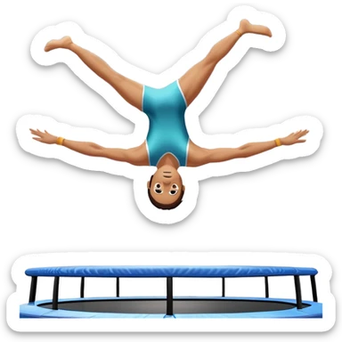 An athletic person soaring high above a trampoline, executing an acrobatic flip with perfect form. The scene captures motion and energy, with a dynamic pose, stretched limbs, and a focused expression. The background suggests a professional trampoline arena with safety padding. sticker