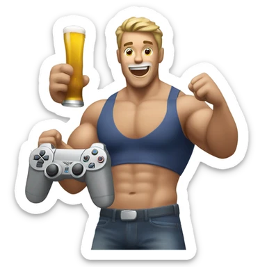 Muscular white man cheering with a PlayStation controller in his hand and a beer in his hand sticker
