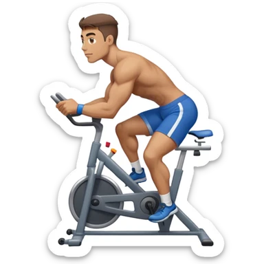buff guy blue shorts grey stationary bike sticker